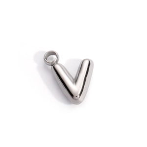 Detailed view of a 3D silver stainless steel letter V pendant with a polished finish