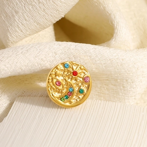 18k gold plated celestial brooch with moon and stars featuring colorful rhinestones