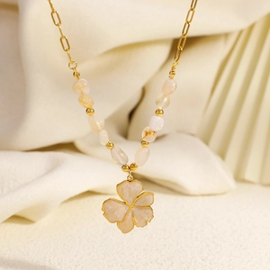 18K gold plated flower necklace with paperclip chain and natural stone beads