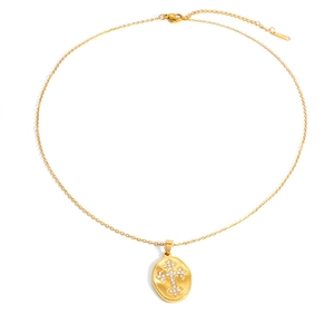 Elegant 18K gold plated stainless steel necklace with sparkling crystal cross oval pendant