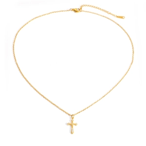 Detail of gold-plated cross pendant with white zircon stones on adjustable necklace