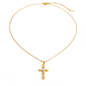 Minimalist gold plated stainless steel cross necklace with zircon crystals for women