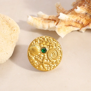 18K vergoldete Meeres-Serie Brosche mit Seestern Muschel Relief und grünem Edelstein