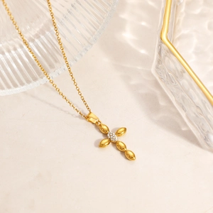 18K gold plated stainless steel cross necklace with crystal pavé and oval beads
