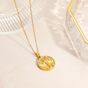 18K gold-plated stainless steel necklace with a crystal-encrusted cross coin pendant
