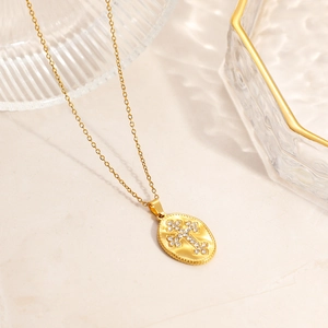 Elegant 18K gold plated stainless steel oval cross pendant necklace with sparkling zircons