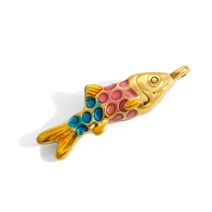 Detailed macro view of gold-plated fish pendant with colorful enamel scales and metal ring