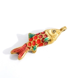 Colorful bohemian stainless steel fish pendant with red and green enamel scales