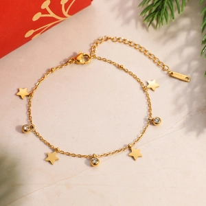 Gold snowflake zircon bracelet in stainless steel with star pendants and lobster clasp