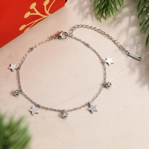 Detailed close-up of stainless steel snowflake star bracelet with shiny zircon accents