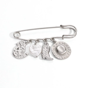 Silver stainless steel safety pin brooch with western cowboy charms including boots and hat