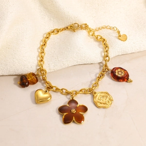 Vintage stainless steel chunky chain bracelet with brown flower and gold heart charms