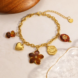 Vintage 18K gold plated stainless steel bracelet with heart, flower and coin charms