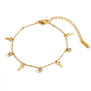 Minimalist 18k gold plated stainless steel bracelet with key charms and small crystal studs