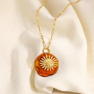 Collana vintage in acciaio inossidabile placcato oro 18K con ciondolo sole in resina