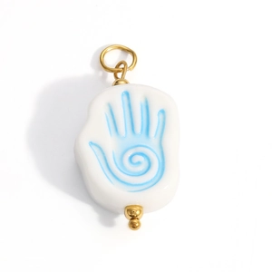 Artistic palm-shaped pendant with light blue spiral pattern and gold loop detail