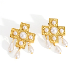Vintage Ohrringe aus Edelstahl mit 18k Vergoldung, Kreuz-Design und Perlenanhängern