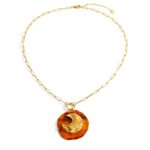 Collier vintage plaqué or 18 carats avec croissant de lune et pendentif résine ambre
