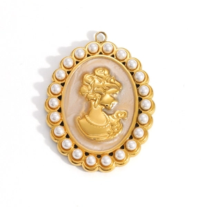 Vintage gold oval pendant with Victorian portrait relief and white pearl border