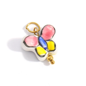 Colorful butterfly pendant in stainless steel with pink and blue enamel and golden link