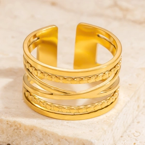 Bague ouverte multicouche en acier inoxydable plaqué or 18 carats avec texture perle