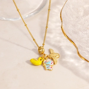 Golden stainless steel bead chain necklace with enamel duck, butterfly and beetle charms