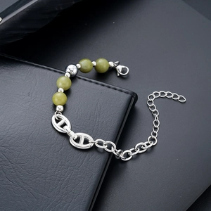 Hip hop vintage bracelet with green natural stones and silver steel anchor chain link