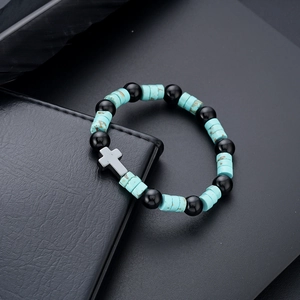 Hip hop turquoise and black obsidian bead bracelet with silver cross charm for men