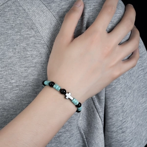 Obsidian beaded cross bracelet for men and women featuring polished silver cross pendant
