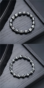 Détails de bracelets en perles d'hématite gris foncé avec coupes facettées et cylindres