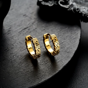 Vintage style gold earrings with baby letter relief and snap closure for men and women