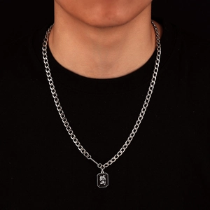 Collier à Chaîne Cubaine en Acier au Titane Hip Hop pour Hommes Femmes Pendentif Plaque Carrée Noire Bijoux Caractères Chinois