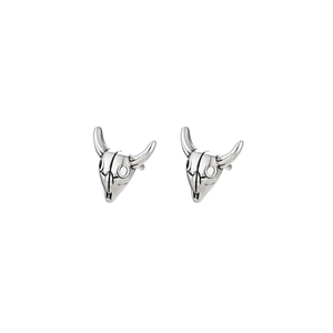 Bull head skull stud earrings in silver titanium steel with detailed vintage screw design