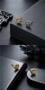 Détails de boucles d'oreilles roue solaire rétro en finitions or antique et argent