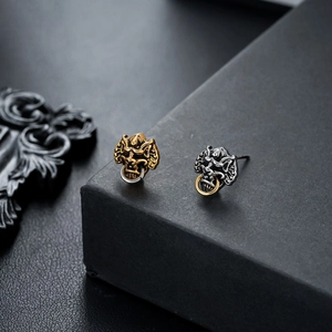 Boucles d'Oreilles Clous Tête de Bête Mythique en Cuivre Rétro Style Chinois Punk Jiaotu Anneau Métallique Bijoux Homme Femme