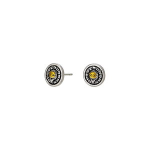 Retro Eye of Horus stud earrings with silver-toned metal and yellow all-seeing eye motif