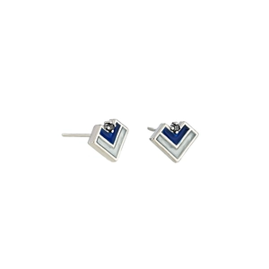 Modern geometric V-shaped stud earrings in blue and grey enamel with black gemstones