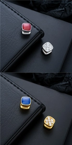 Détails de boucles d'oreilles carrées en argent et or avec gemmes rouges et bleues