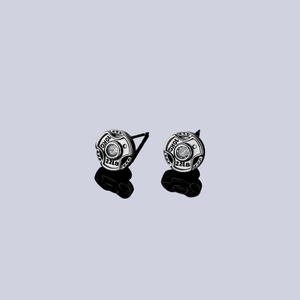 Barbell weight plate stud earrings in vintage silver finish with white zircon inlay