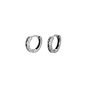 Silver huggie earrings with lightning texture and heart cutout in polished finish