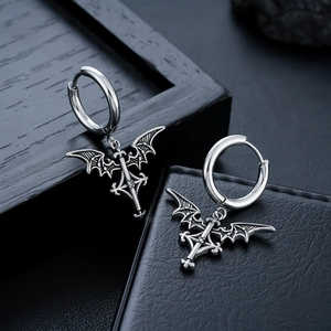 Gothic angel wing cross drop earrings for men in vintage silver stainless steel