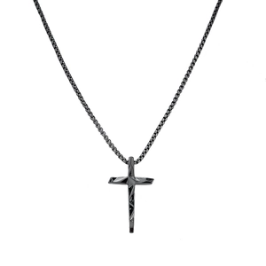 Minimalist black cross pendant necklace with box chain and geometric faceted design
