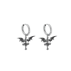 Gothic style bat wing cross hoop earrings in antique silver finish for men and women