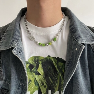 Hip hop titanium steel necklace with gothic B pendant and green marble beads