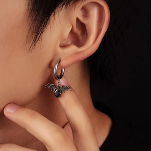 Gothic bat hoop earring with black gemstone for men and women in silver finish