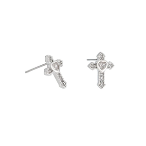 Silver cross stud earrings with heart crystal and micro-paved cubic zirconia stones