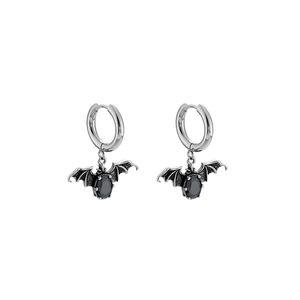 Gothic batman drop earrings with black oval gemstone in vintage silver finish