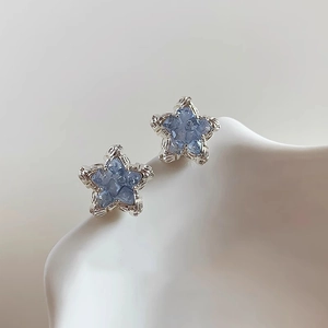 Summer Fresh Blue Star Stud Earrings For Women Cute Sweet Fashion Star Small Exquisite Alloy Rhinestone Inlaid Jewelry Gift
