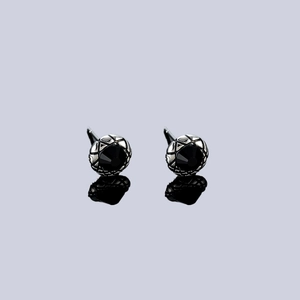 Classic silver-tone zircon stud earrings with black multifaceted stones and textured metal