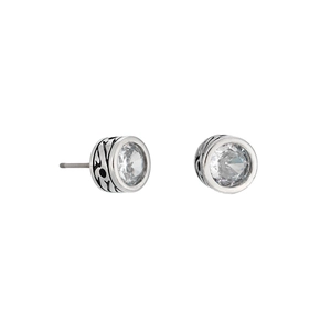 Vintage silver zircon stud earrings with black totem engraving shown from two angles